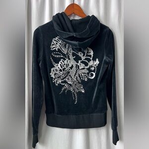 VTG Express size S black velour floral bling beaded hoodie active jacket Y2K